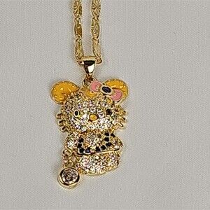 Hello Mouse Kitty Rhinestone Pendant Necklace Gold Tone Costume Jewelry